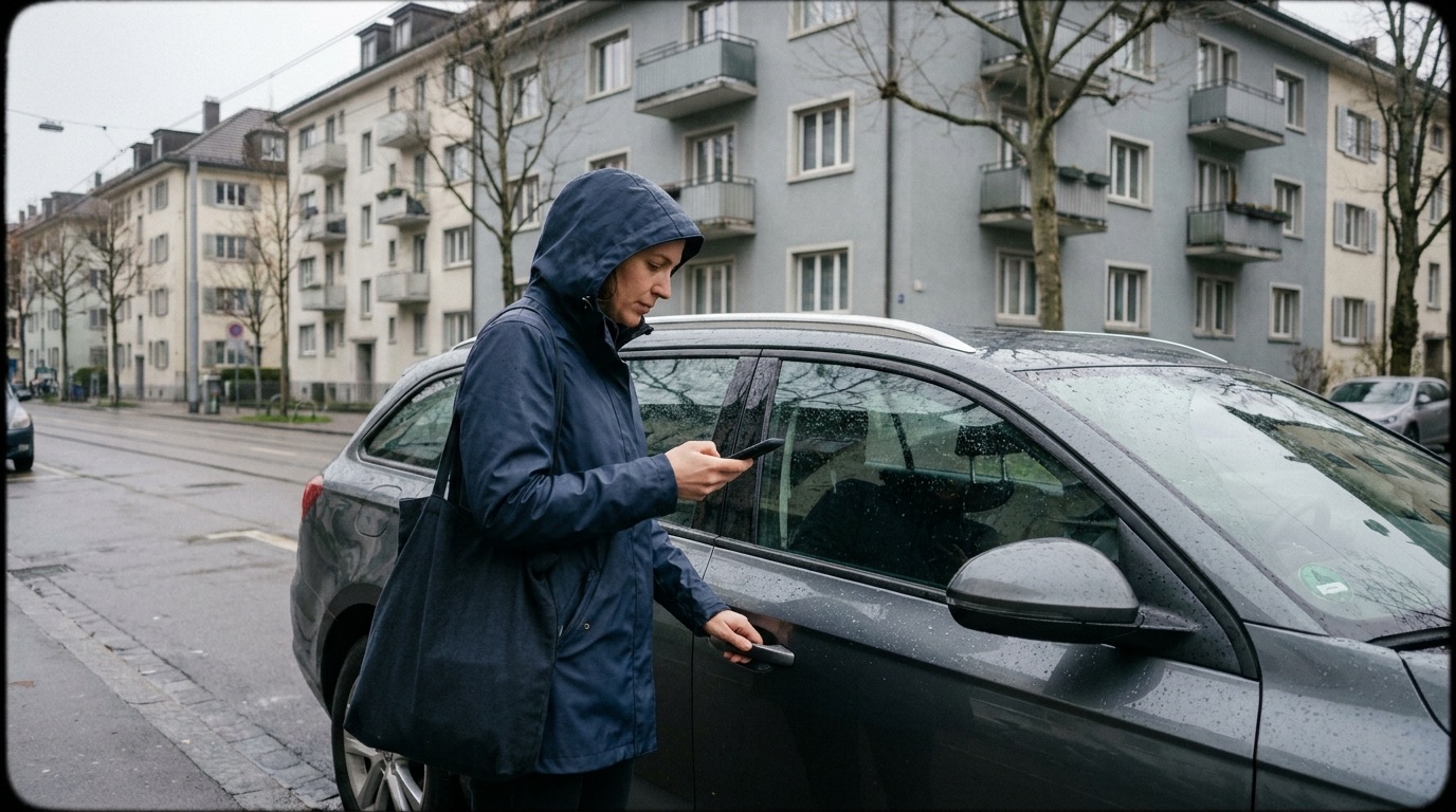 Frau entriegelt an einer Zürcher Strasse ein geparktes Auto mit dem Handy