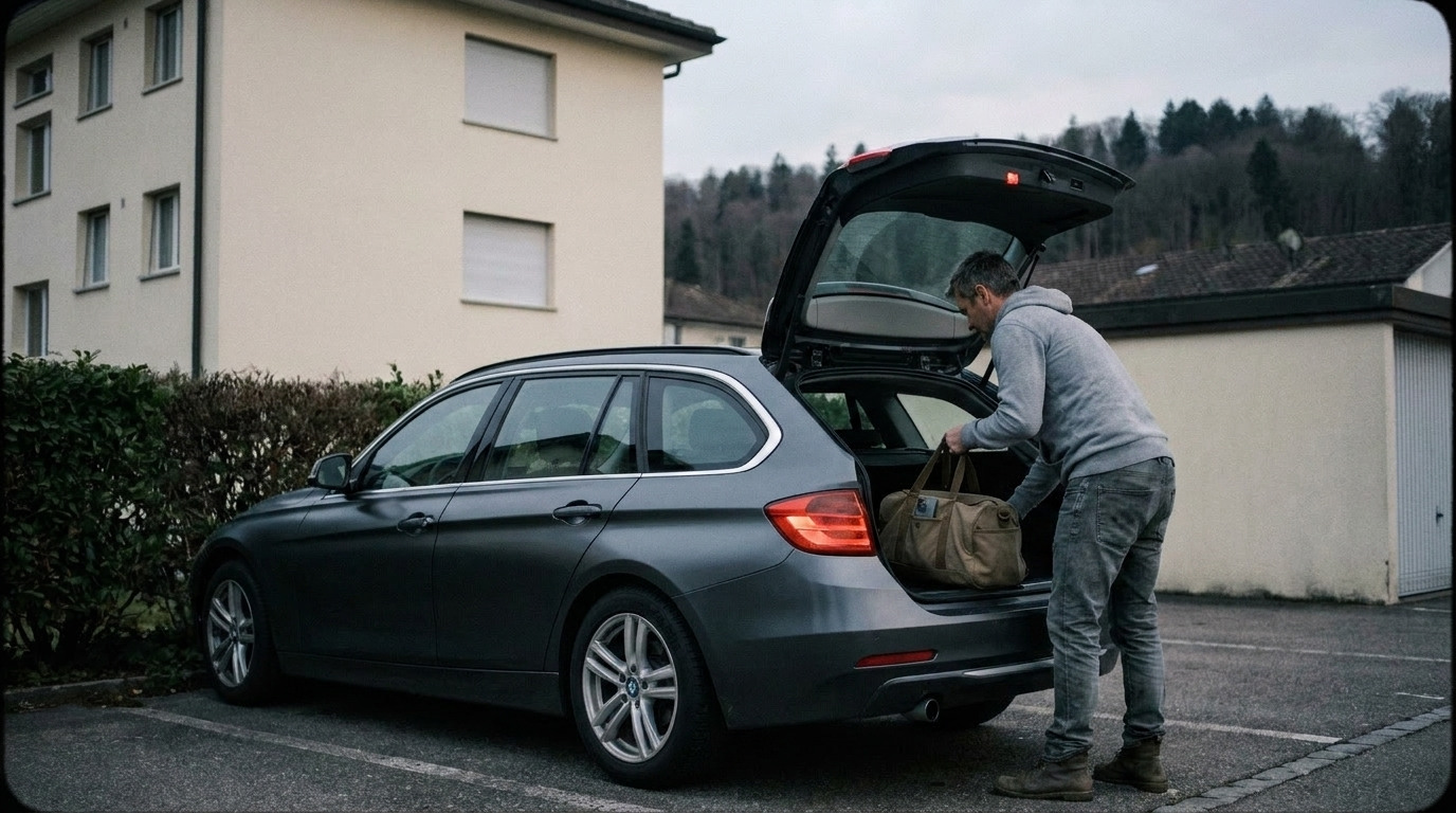 Mann lädt seine Reisetasche in den Kofferraum eines grauen BMW 3er Touring Kombis in einer Schweizer Wohnstrasse, ohne Schalter und ohne Personal
