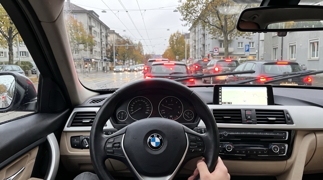 Blick vom Fahrersitz eines DRAIV-3ers über das Lenkrad auf eine Zürcher Strasse mit stehendem Verkehr im Regen