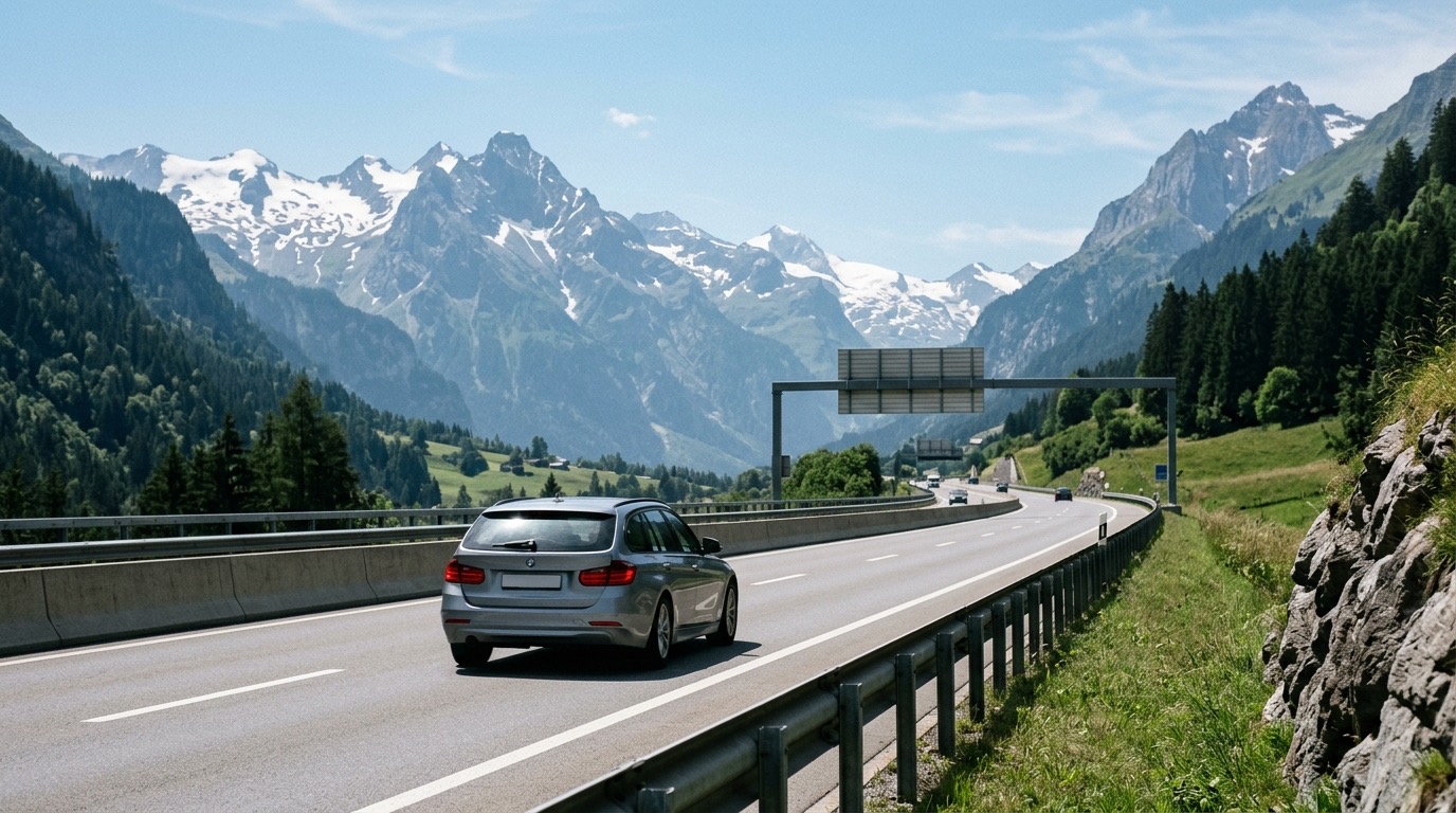 Silberner Kombi fährt auf einer Autobahn in den Schweizer Alpen einem Grenzübergang entgegen, Schneeberge im Hintergrund