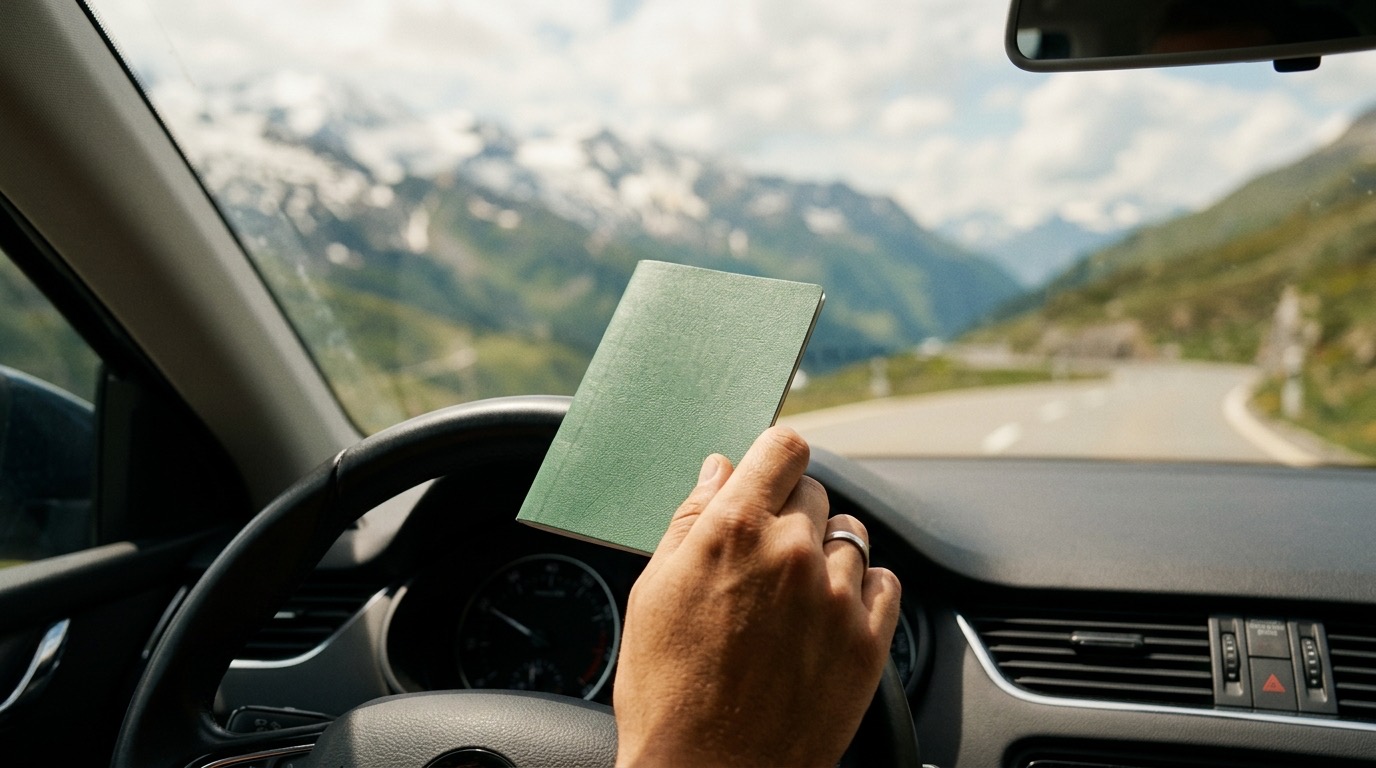 Hand hält eine grüne Karte über dem Lenkrad, Schweizer Alpenstrasse durch die Windschutzscheibe sichtbar