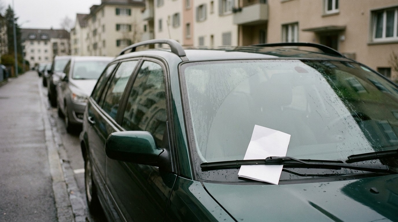 Gefalteter weisser Zettel unter dem Scheibenwischer eines dunkelgrünen Kombis an einer regennassen Zürcher Wohnstrasse