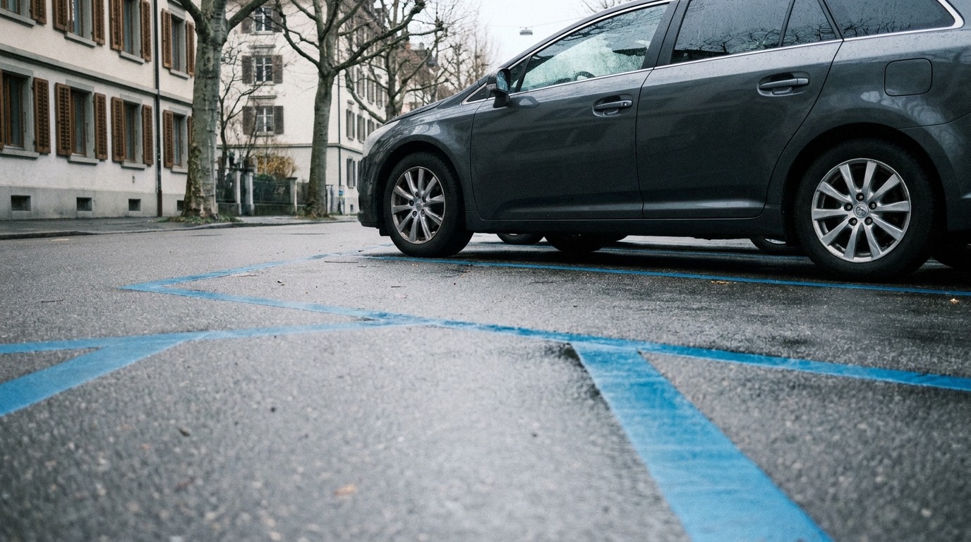 Blaue Parkfeldmarkierung auf nassem Asphalt einer Zürcher Wohnstrasse, dahinter ein grauer Kombi im Seitenprofil